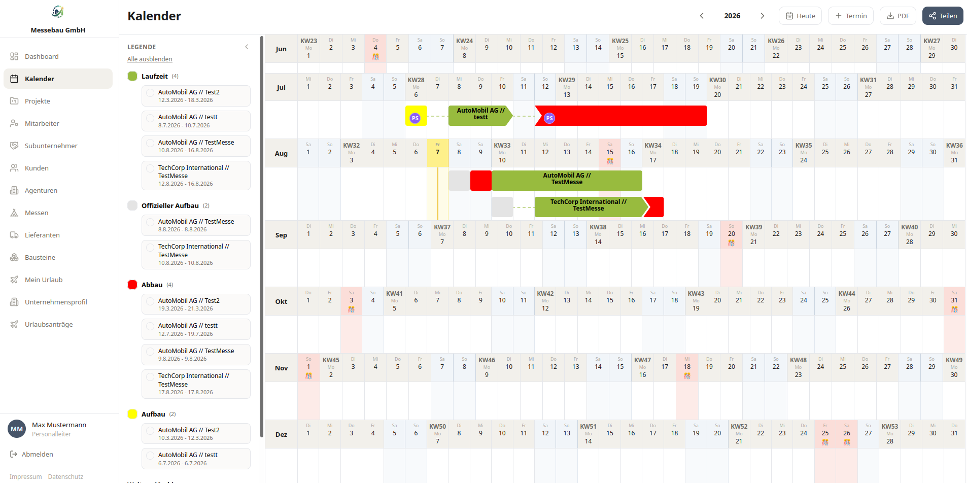 Year calendar for 2026: run time, official setup, setup and teardown drawn as separate bars per project across the whole year.