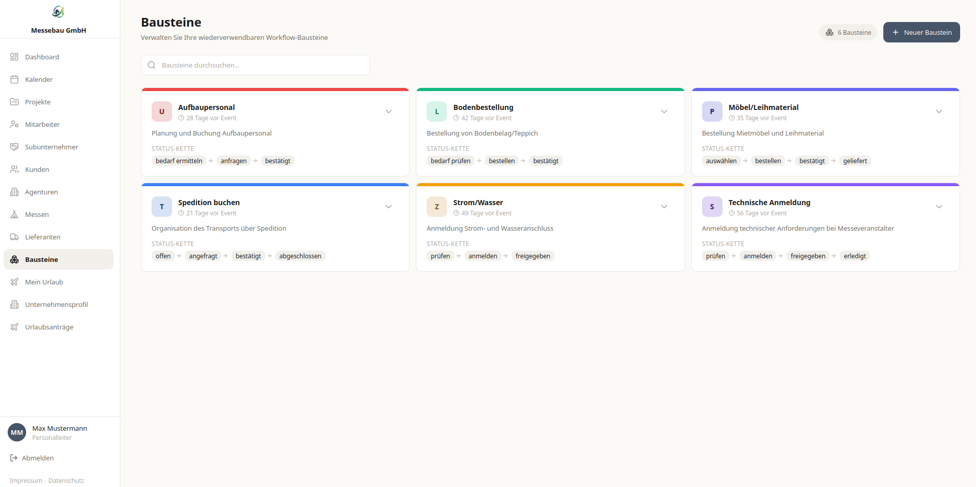 Six reusable workflow blocks, each with its lead time in days before the event and its own status chain.