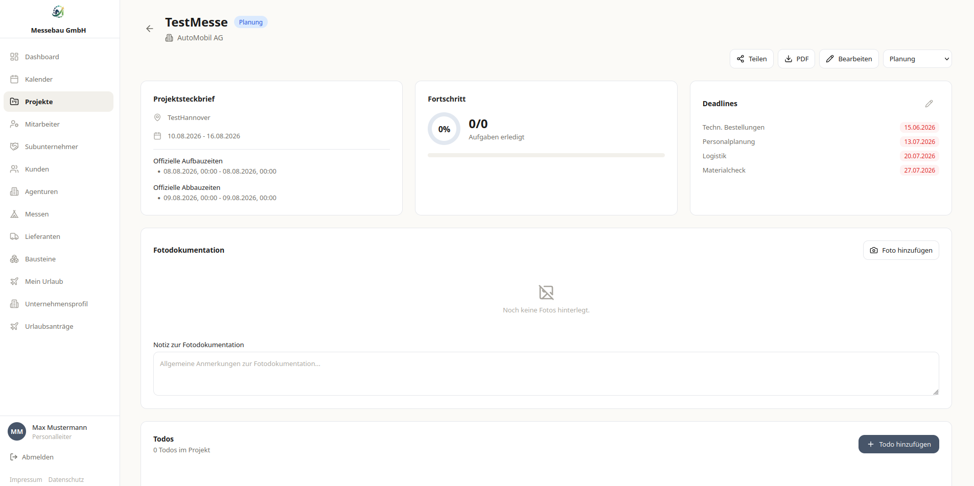 Project overview: brief, progress, and the deadline list for a single trade fair.