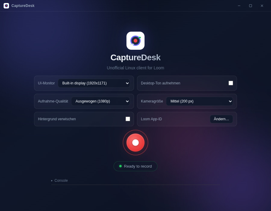 CaptureDesk's main window: monitor, capture quality, camera size, background blur, desktop audio and the Loom app ID as settings, a large record button and a "Ready to record" status.
