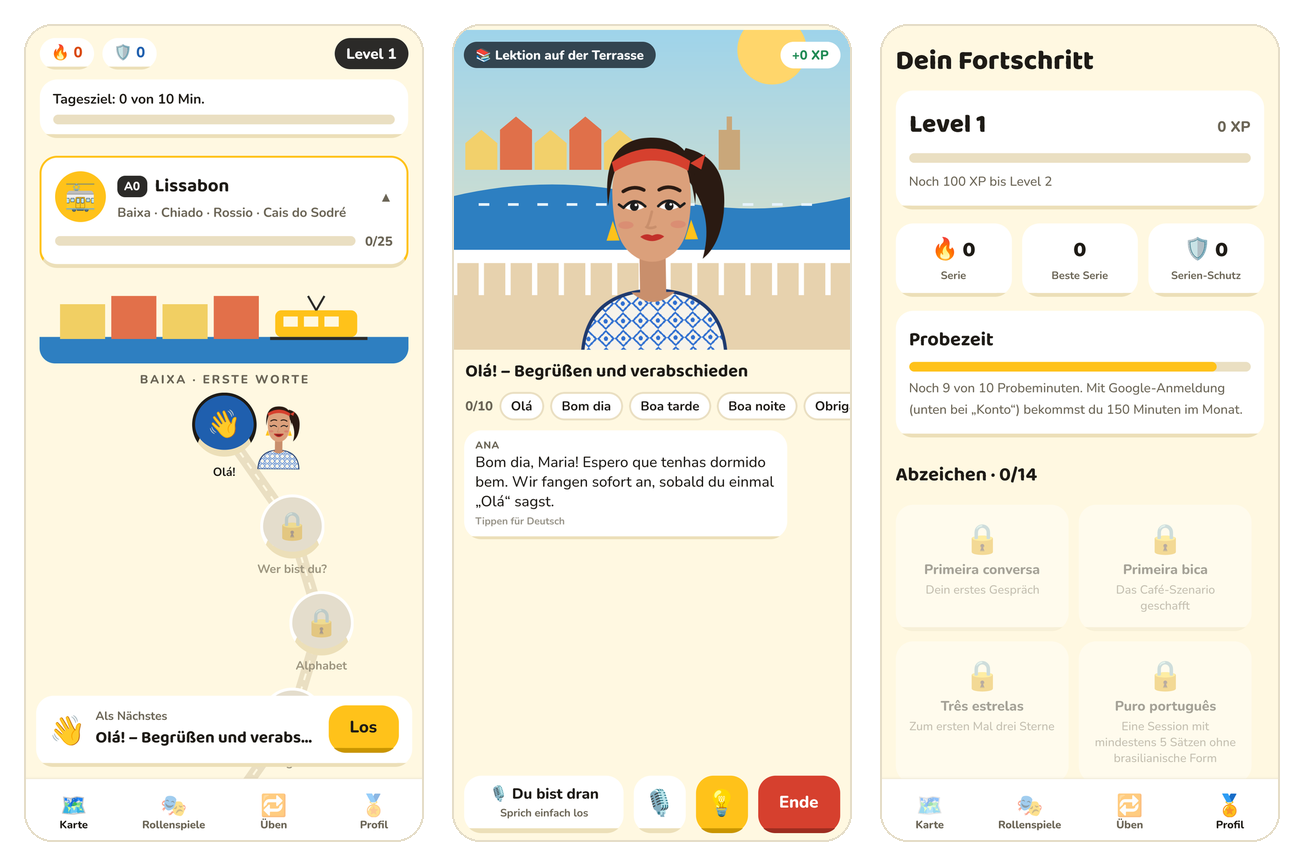 Three screens of the app: the map of Lisbon with the next lesson, a lesson in progress with Ana and the target phrases, and the profile with the trial minutes left.