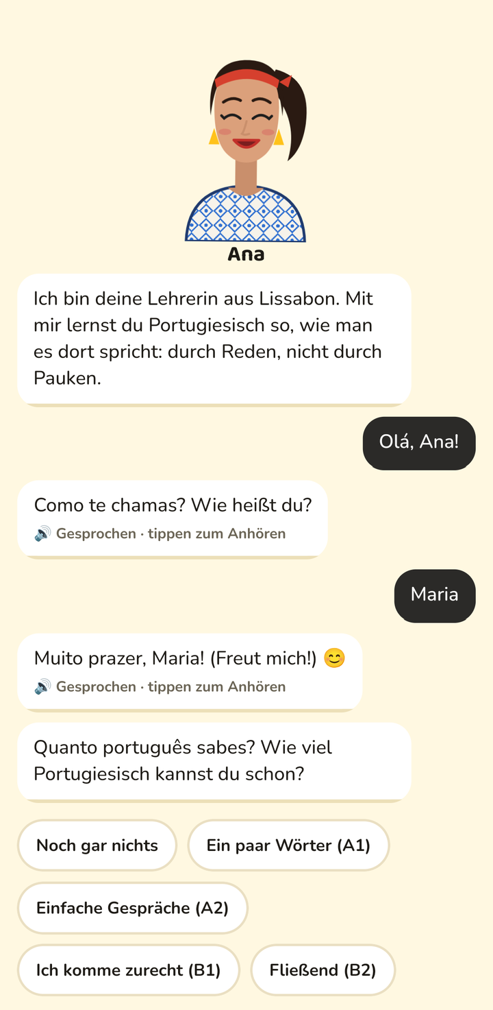 The onboarding: Ana introduces herself, asks for a first name and the learner's level. At this point the app already runs on an anonymous device account with ten trial minutes.