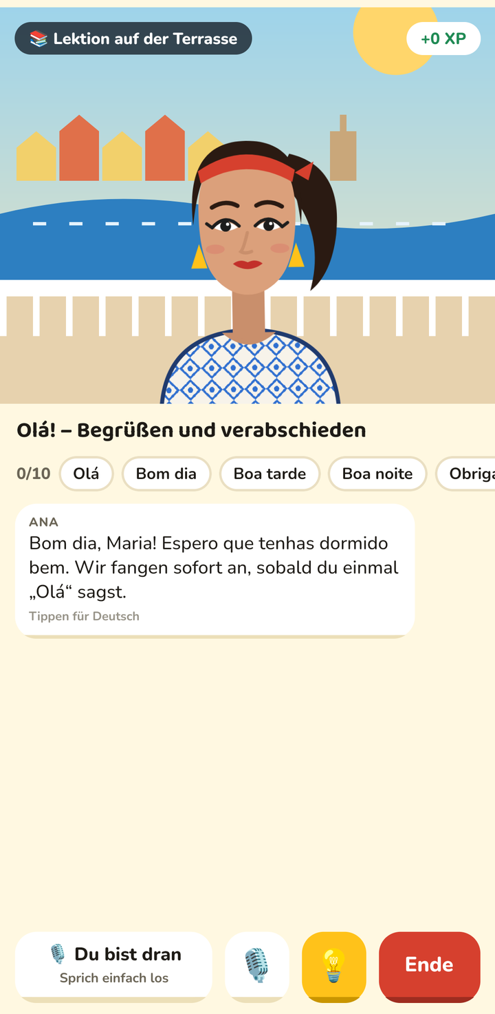 A lesson starting: Ana greets the learner by name on a terrace in Lisbon, the lesson's target phrases are listed as chips, and the microphone button says it is the learner's turn. The greeting came from the server's guard, not from the app.