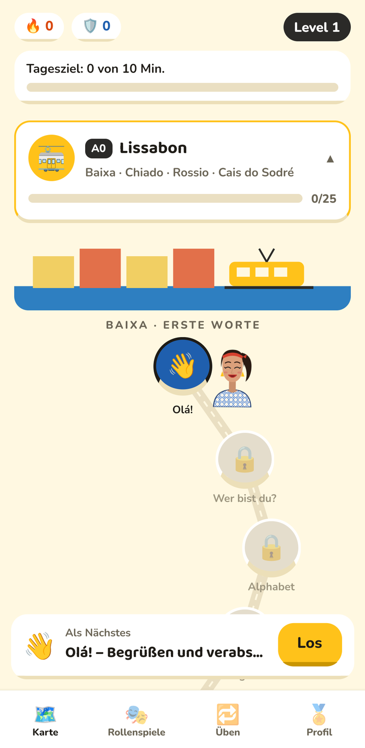 The Falar map: a daily goal of 10 minutes, the A0 Lisbon unit with its stops, and the next lesson "Olá! Begrüßen und verabschieden" ready to start.