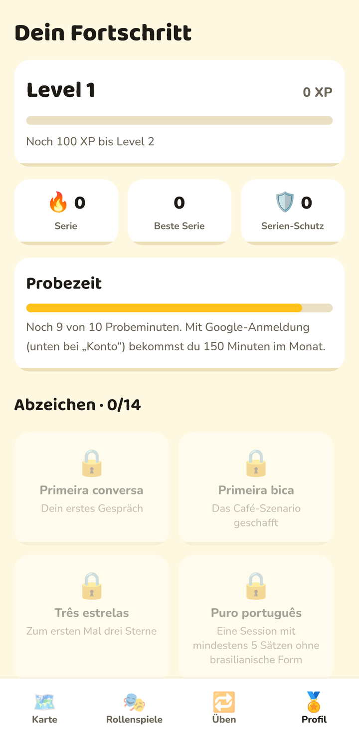 The profile screen of a fresh trial account after one short test call: "Noch 9 von 10 Probeminuten", nine of ten trial minutes left, counted by the server's clock.